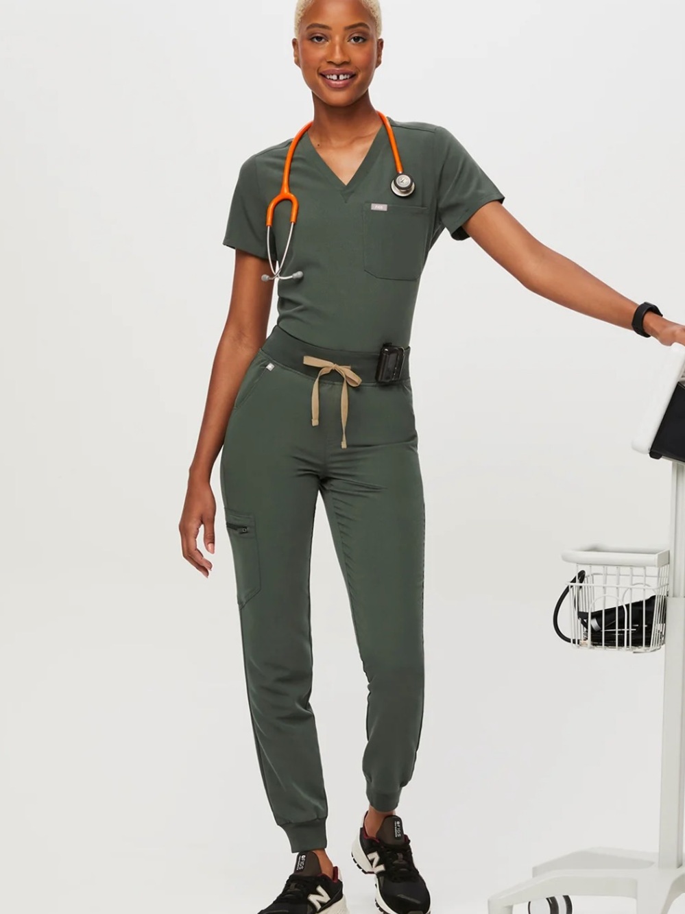 Figs Olive Green Jogger Scrub Set with Tan Drawstring